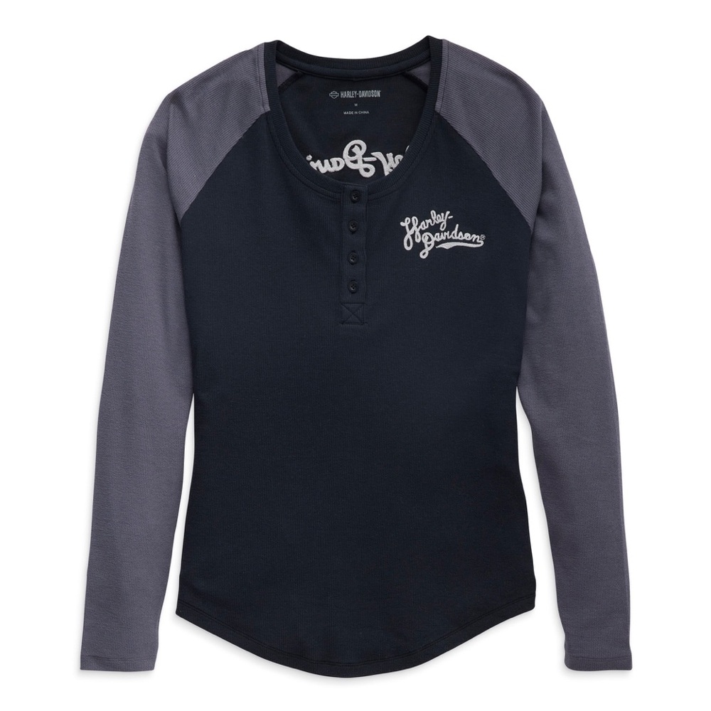 Harley-Davidson Women’s Timeless Silver Wing Henley -Colorblocked - Black Beauty